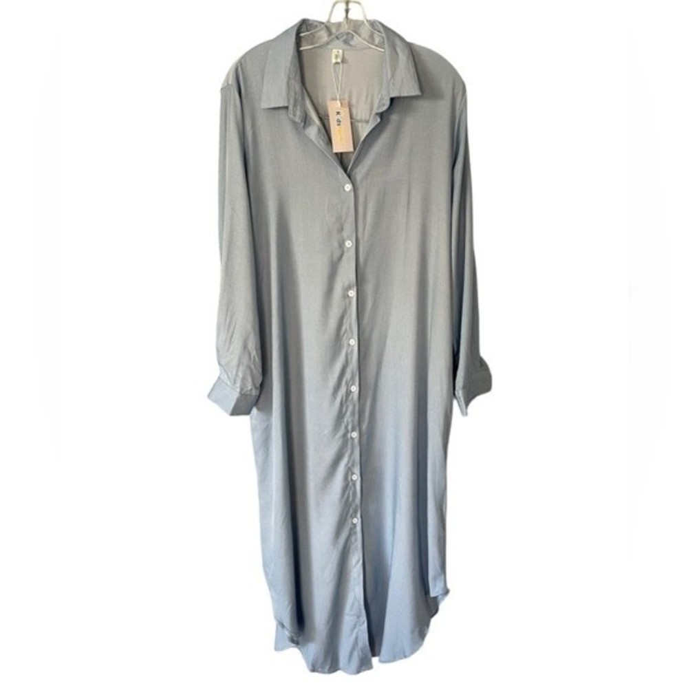 Kidsform Light Blue Roll Tab Elbow Sleeve Belted Midi Shirtdress With Pockets XL